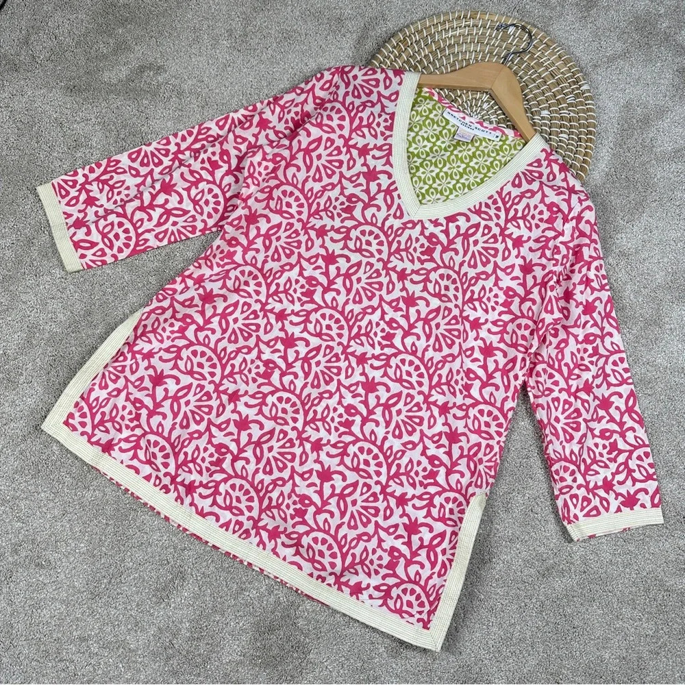 Gretchen Scott Designs Vines Floral Lightweight Tunic Top V-Neck Preppy Pink M